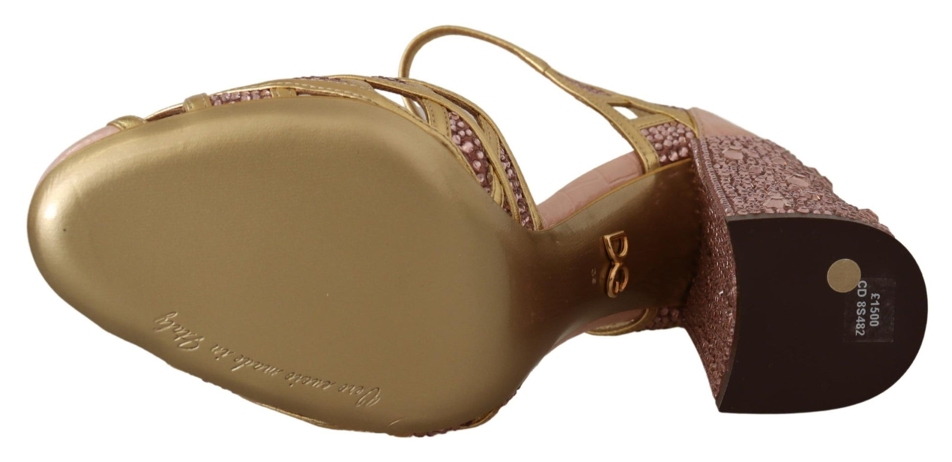 Rosagoldene Leder-Pumps mit Kristallen und T-Riemen