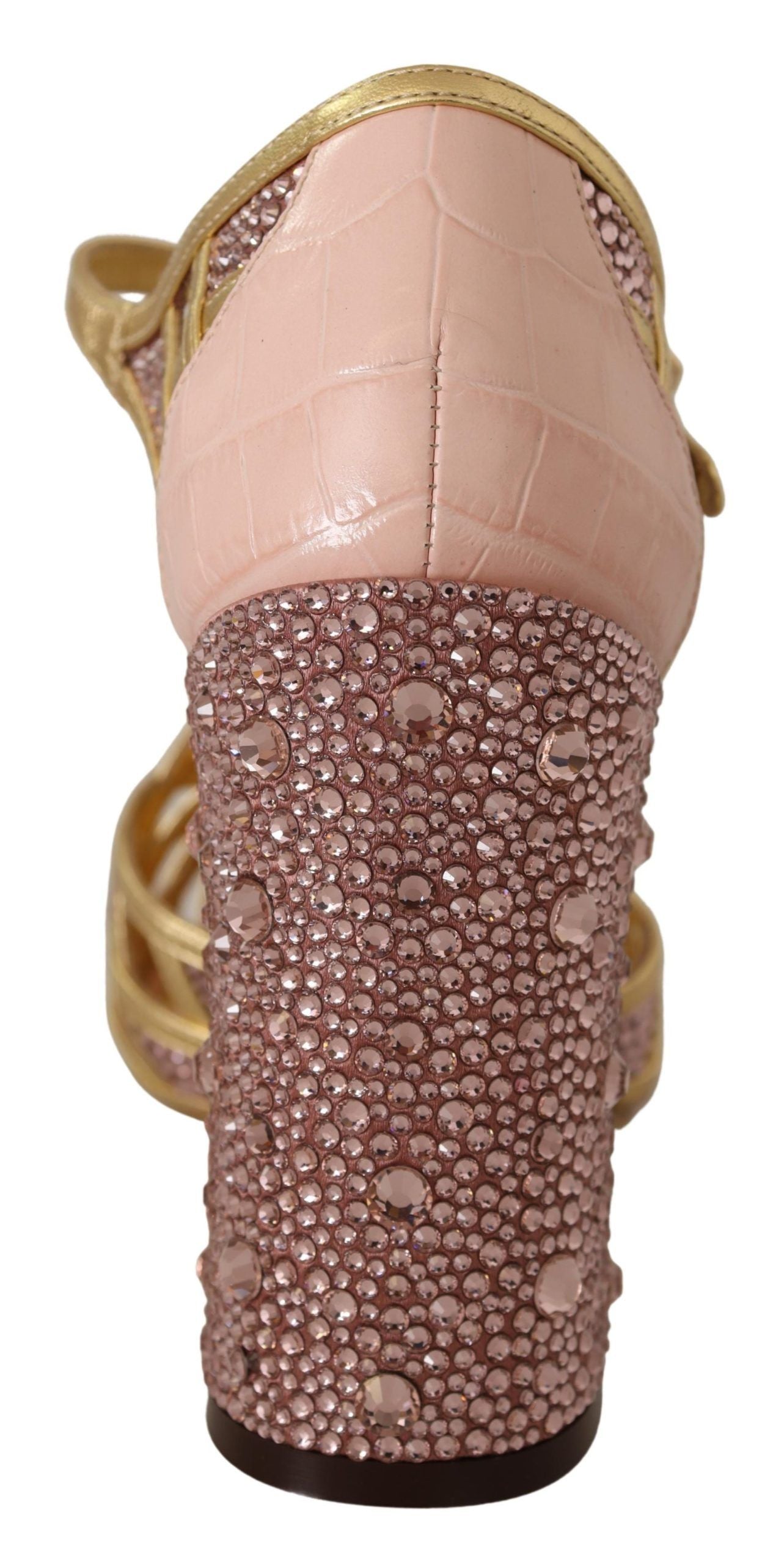 Rosagoldene Leder-Pumps mit Kristallen und T-Riemen