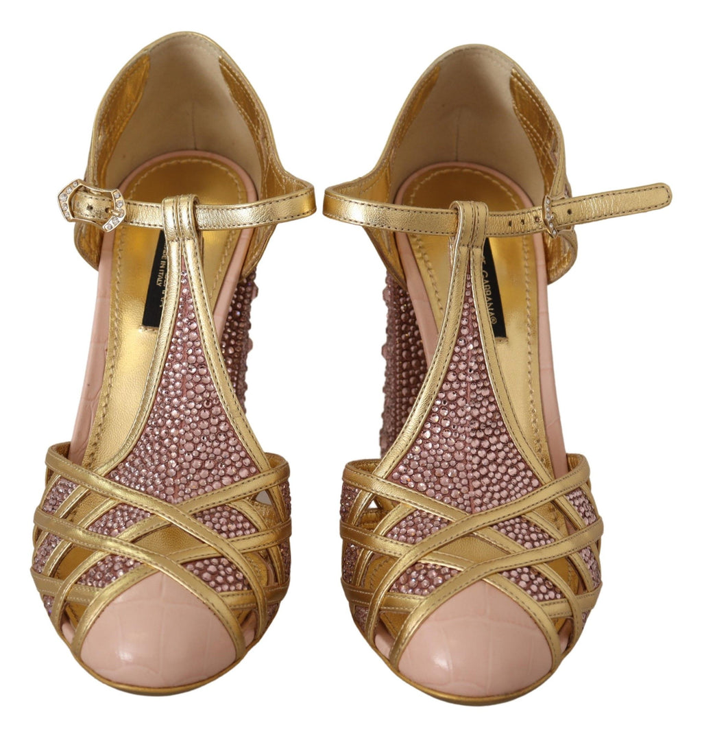 Rosagoldene Leder-Pumps mit Kristallen und T-Riemen