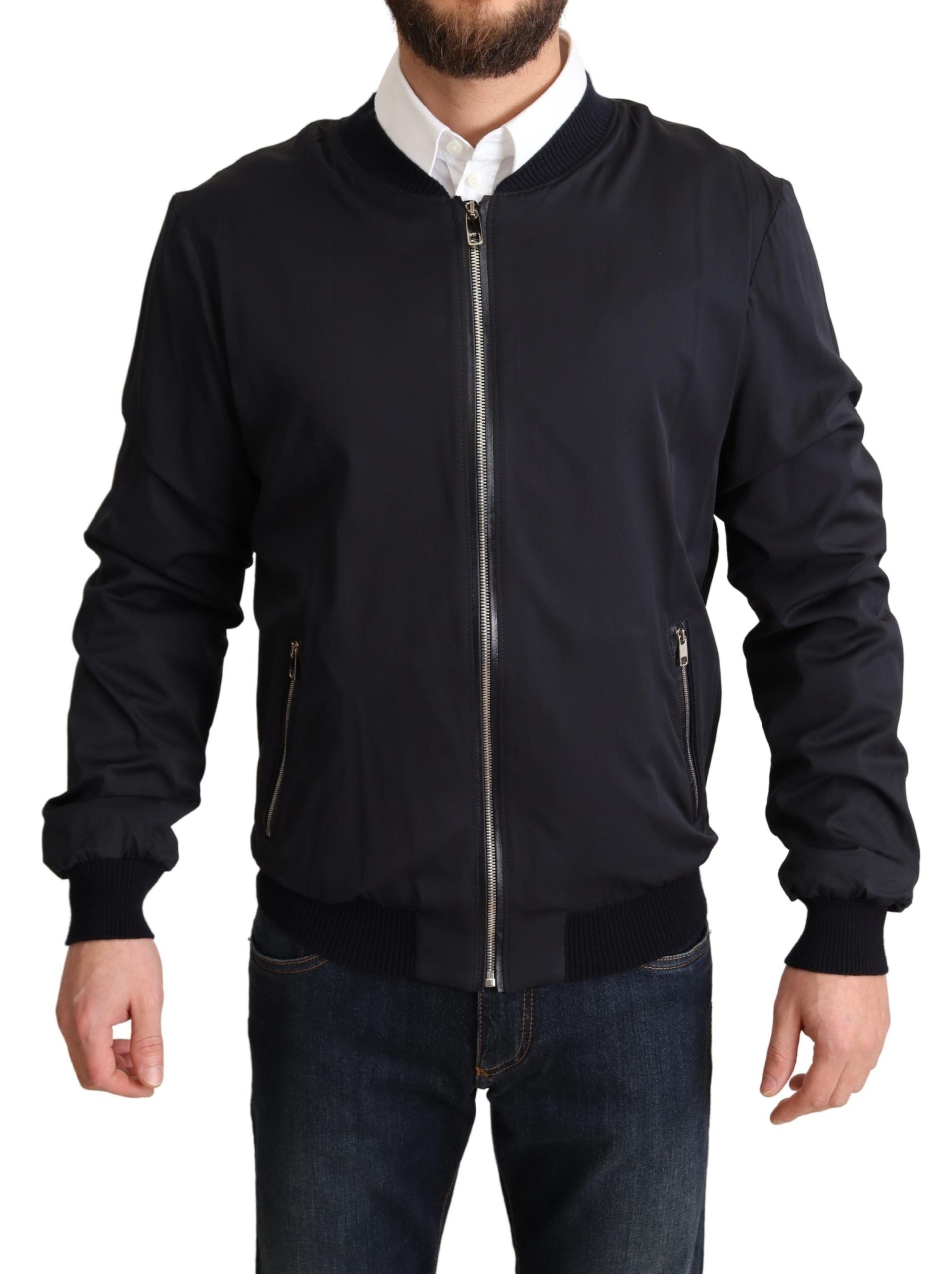 Blauer Seidenmantel, kurze Bomberjacke für Herren