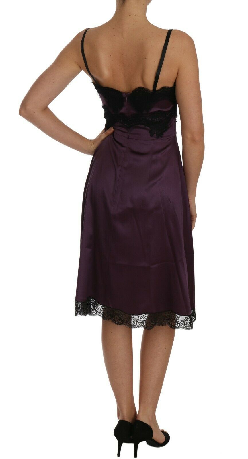Lila Seidenstretch A-Linien-Kleid mit schwarzer Spitze