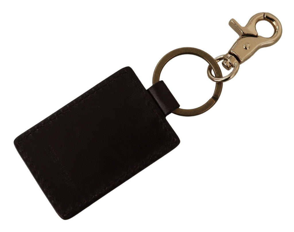 Brauner Schlüsselanhänger mit Logo aus Leder und Metallring und Haken