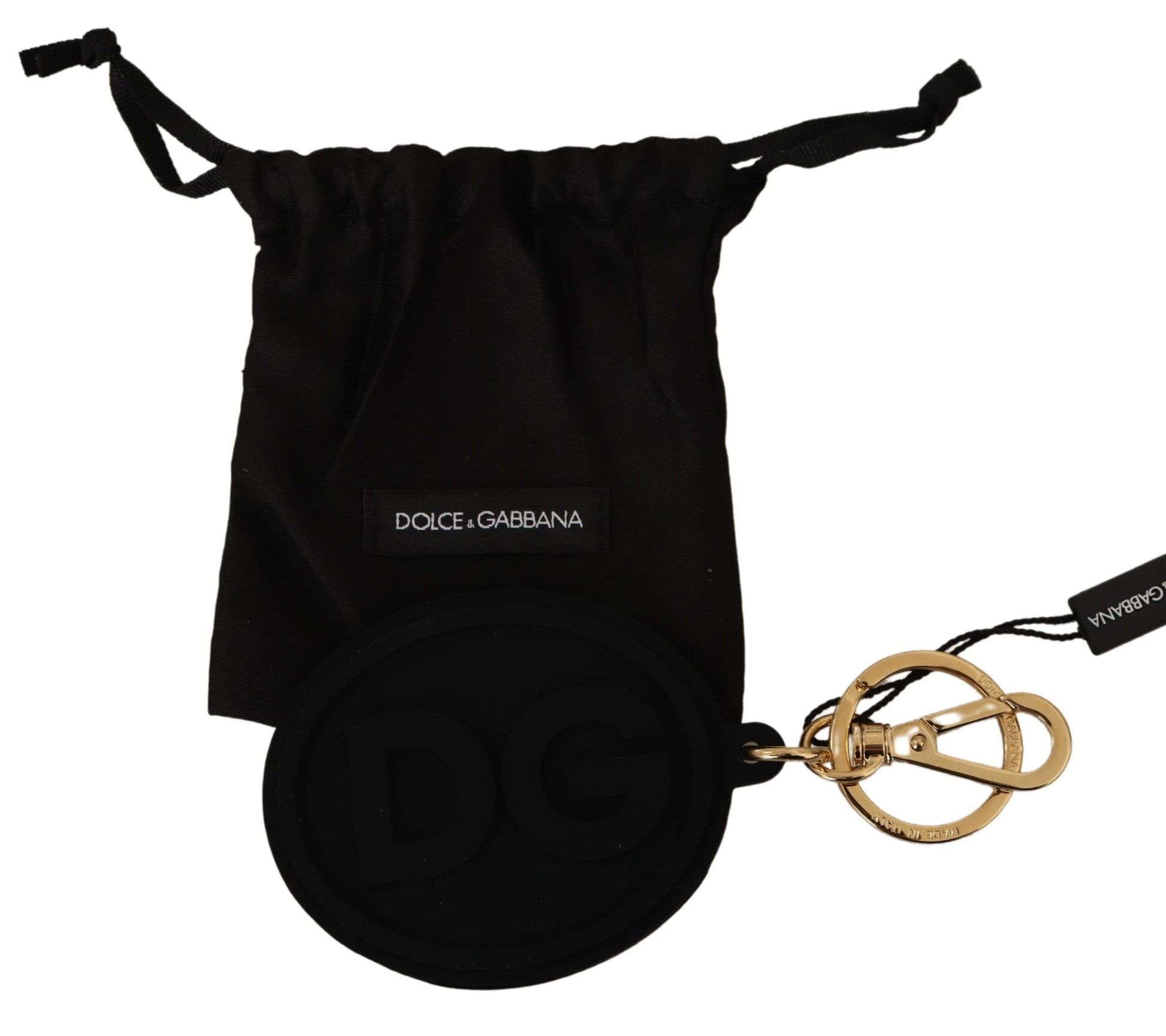 Schlüsselanhänger mit DG-Logo aus schwarzem Gummi und goldenem Messing
