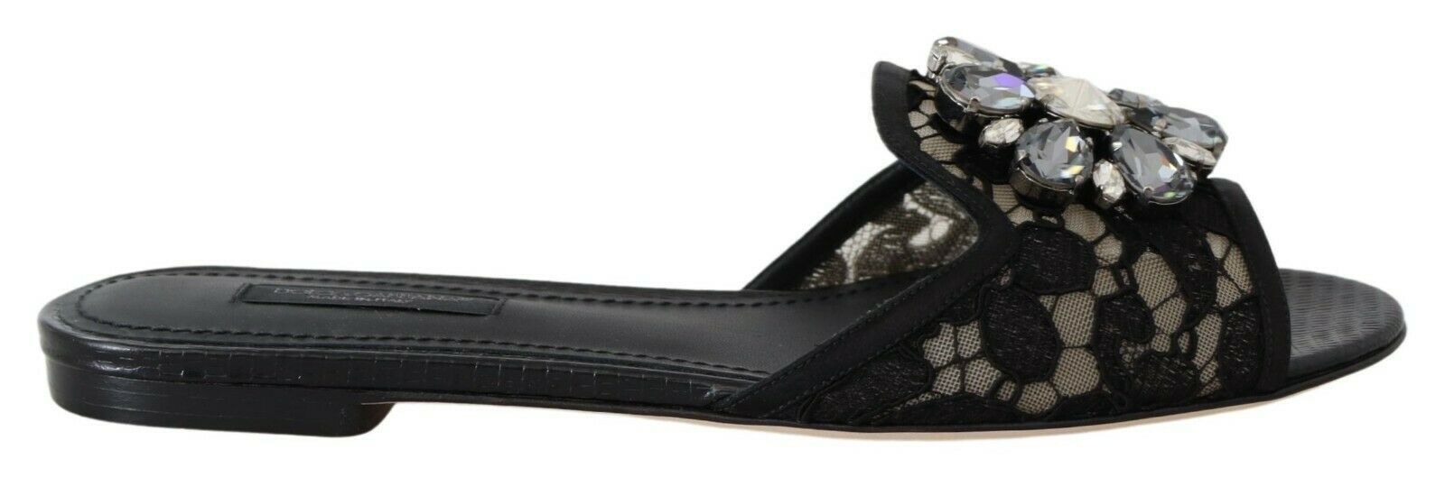 Schwarze Taormina Lace Slides Kristalle Flats Schuhe