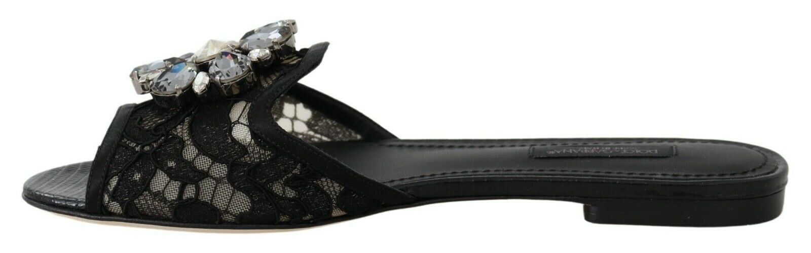 Schwarze Taormina Lace Slides Kristalle Flats Schuhe