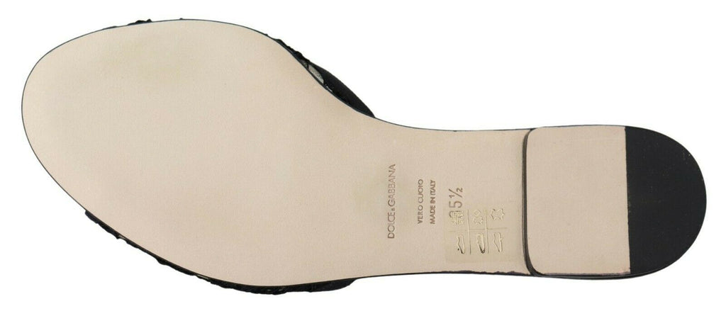 Schwarze Taormina Lace Slides Kristalle Flats Schuhe