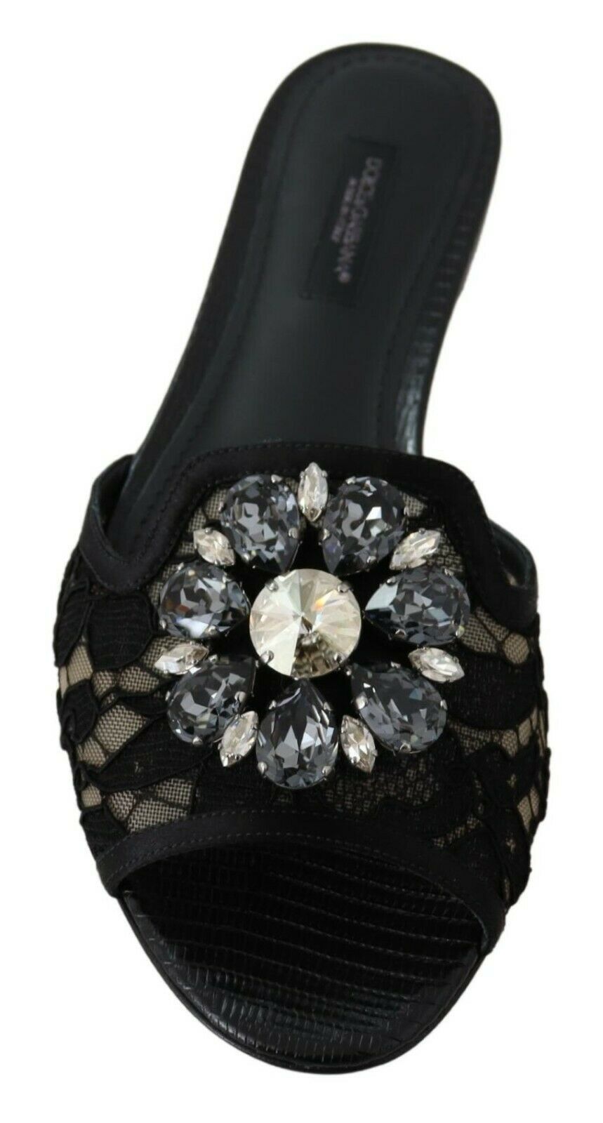 Schwarze Taormina Lace Slides Kristalle Flats Schuhe