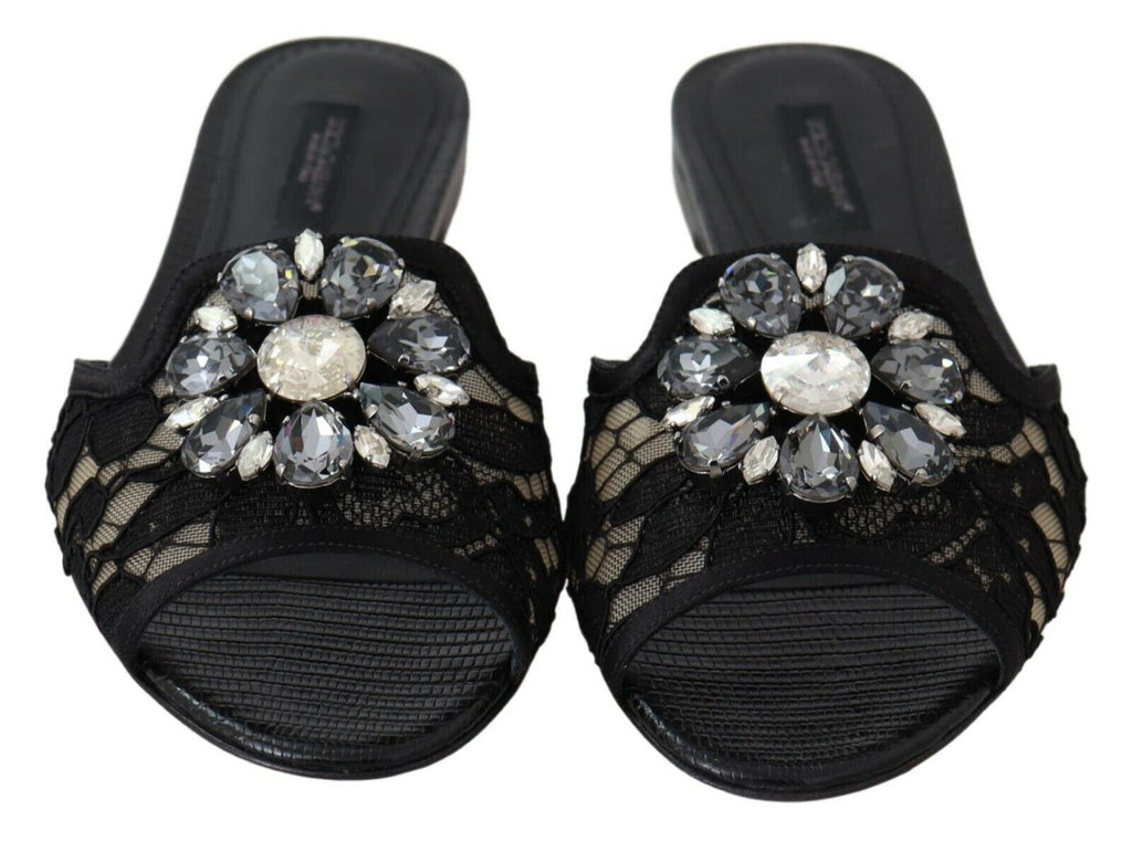Schwarze Taormina Lace Slides Kristalle Flats Schuhe