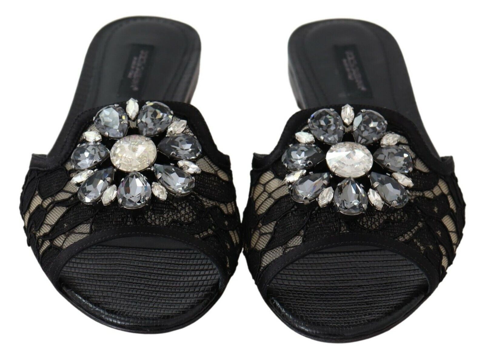 Schwarze Taormina Lace Slides Kristalle Flats Schuhe