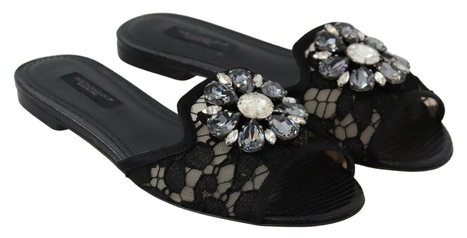 Schwarze Taormina Lace Slides Kristalle Flats Schuhe