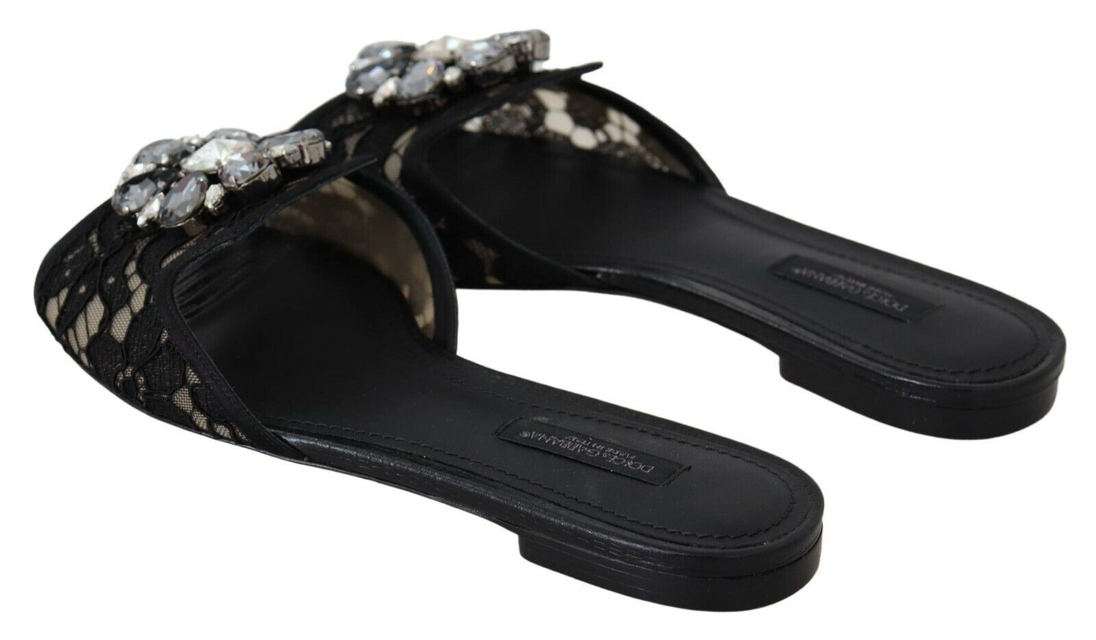 Schwarze Taormina Lace Slides Kristalle Flats Schuhe