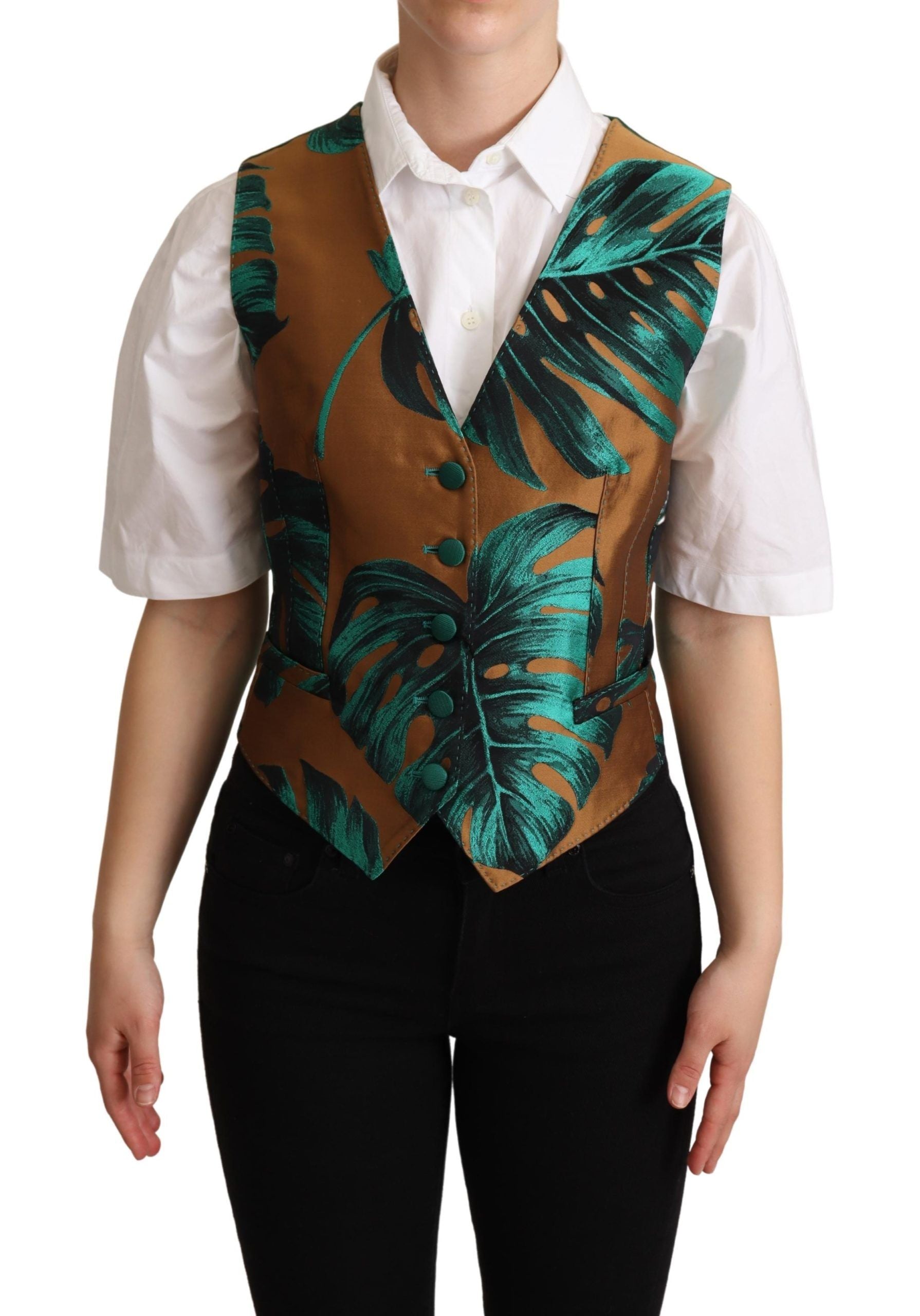 Grüne Jacquard-Weste mit Blattgold