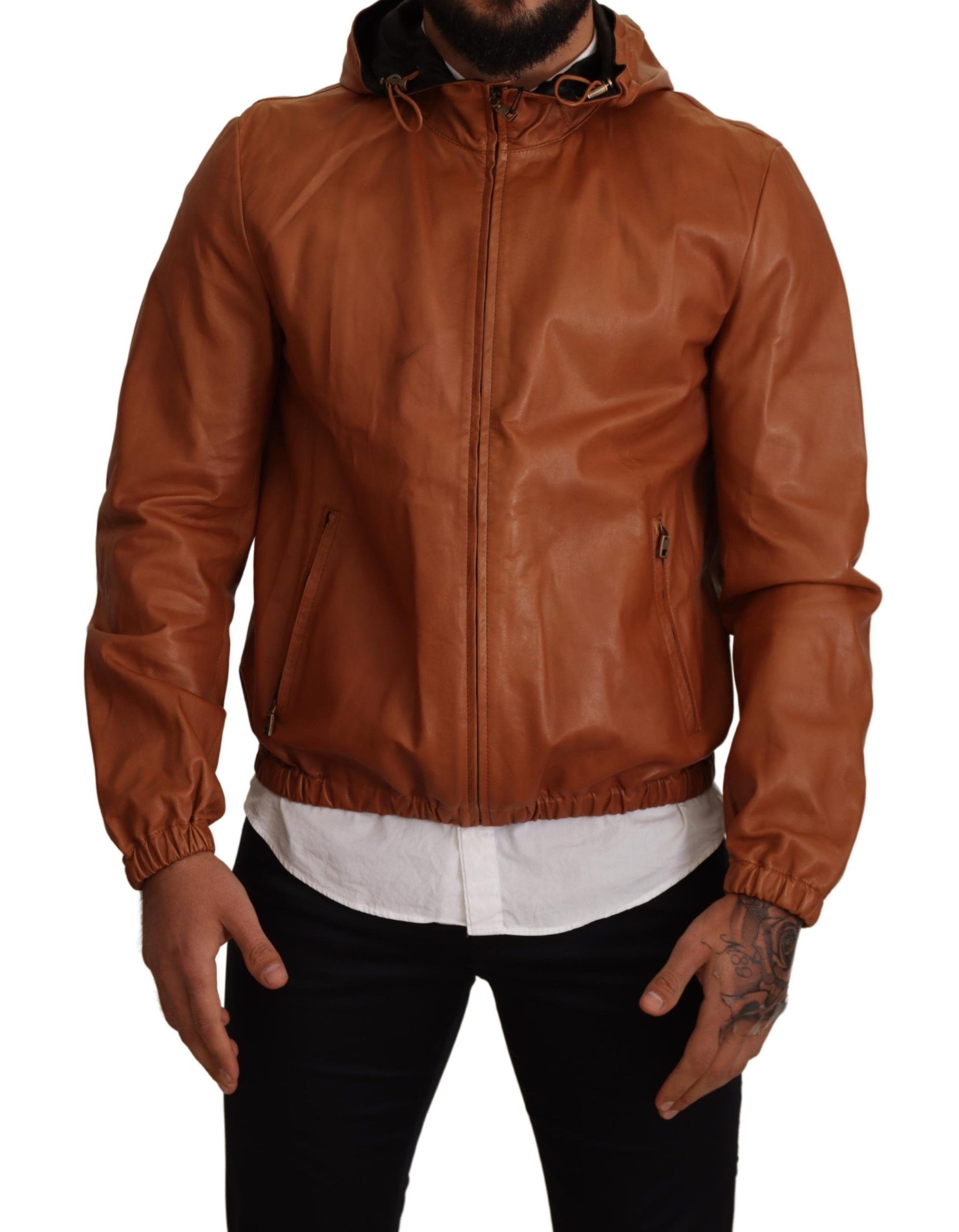 Braune Lederjacke aus Lammfell mit Kapuze