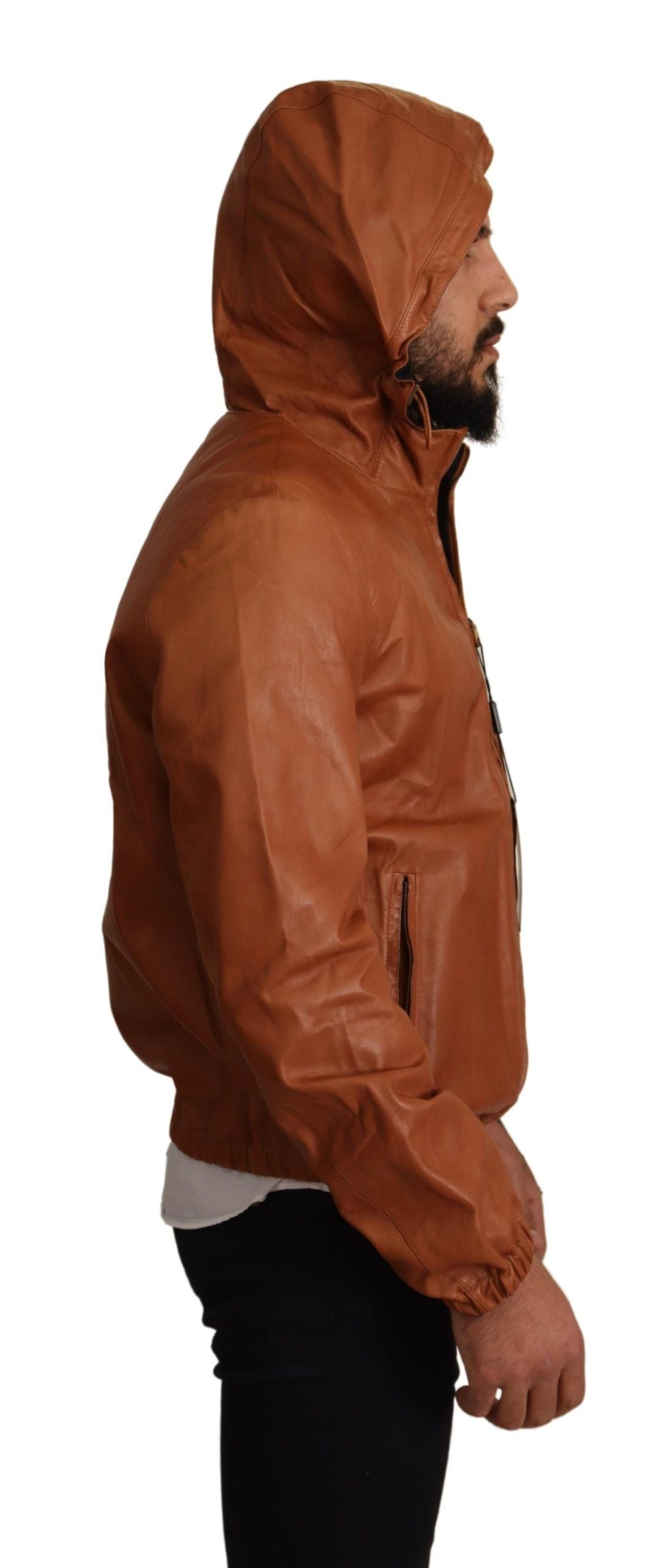 Braune Lederjacke aus Lammfell mit Kapuze