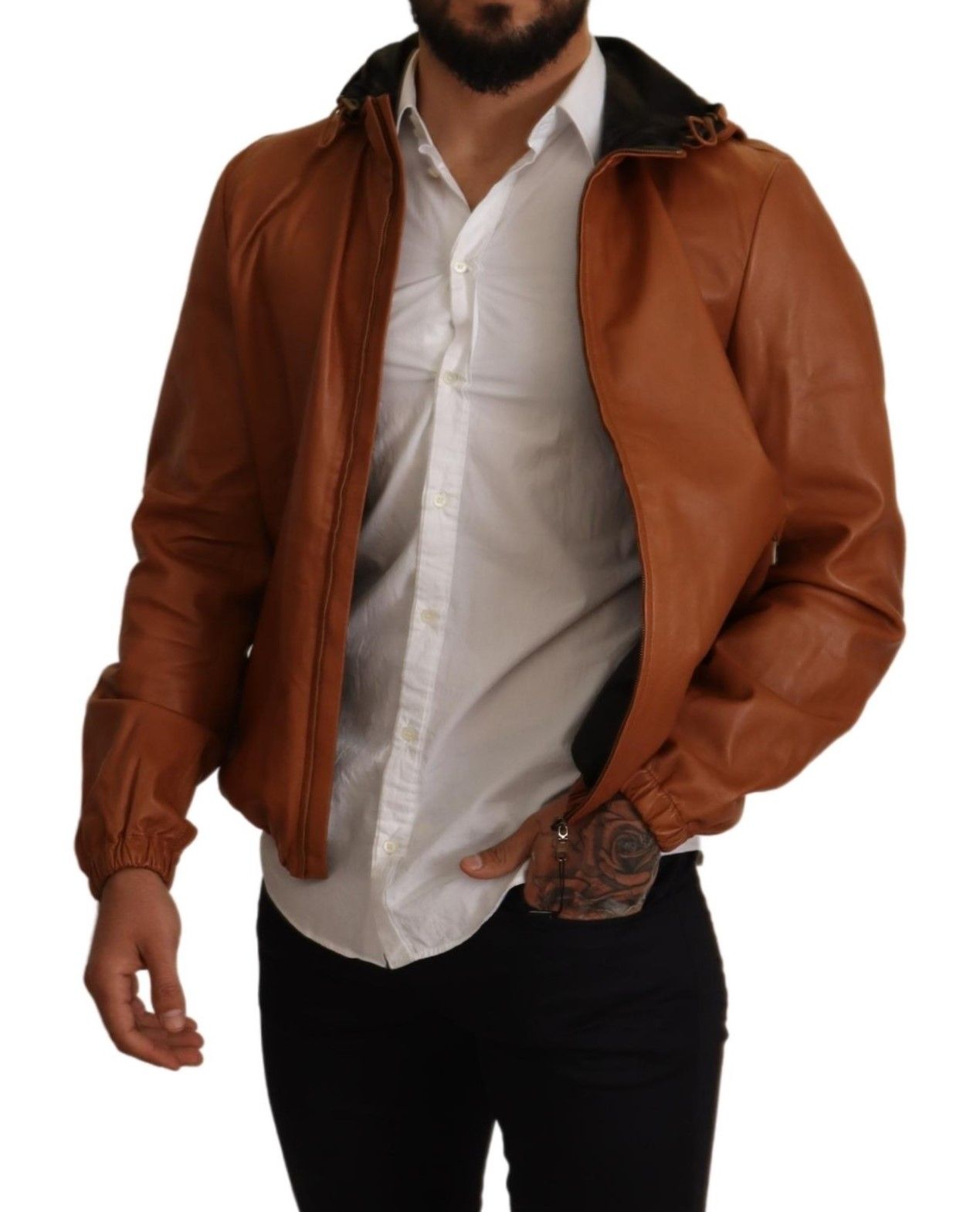 Braune Lederjacke aus Lammfell mit Kapuze
