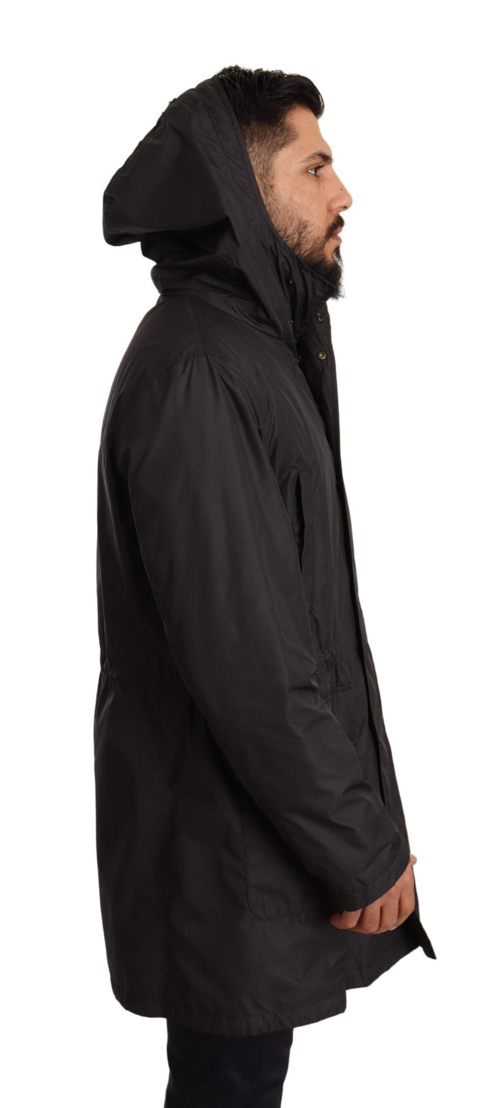 Schwarze Herren-Trenchcoatjacke mit Kapuze