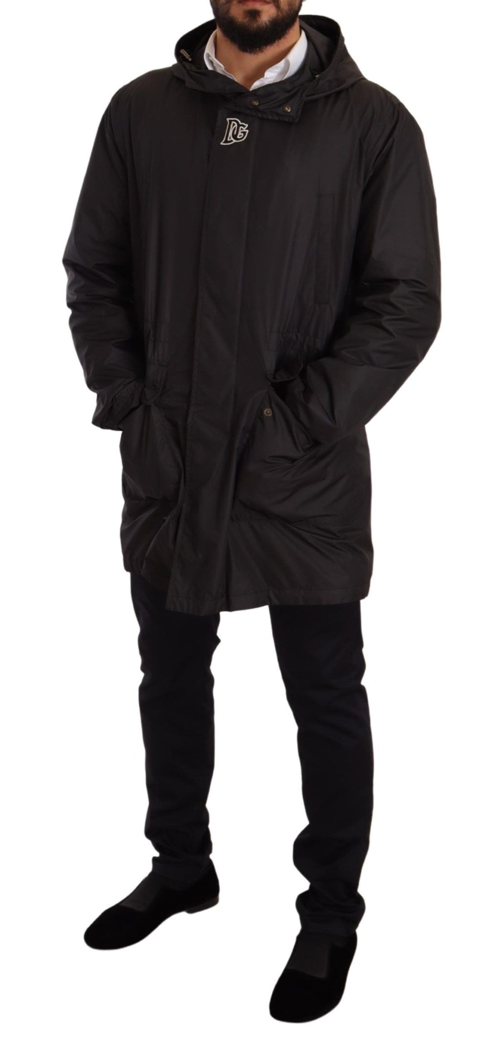 Schwarze Herren-Trenchcoatjacke mit Kapuze