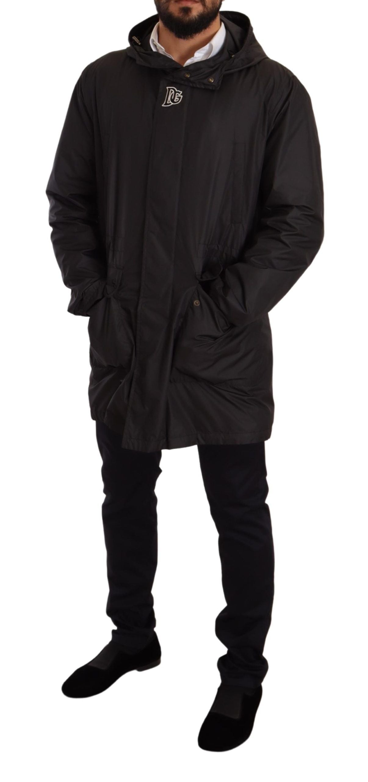 Schwarze Herren-Trenchcoatjacke mit Kapuze