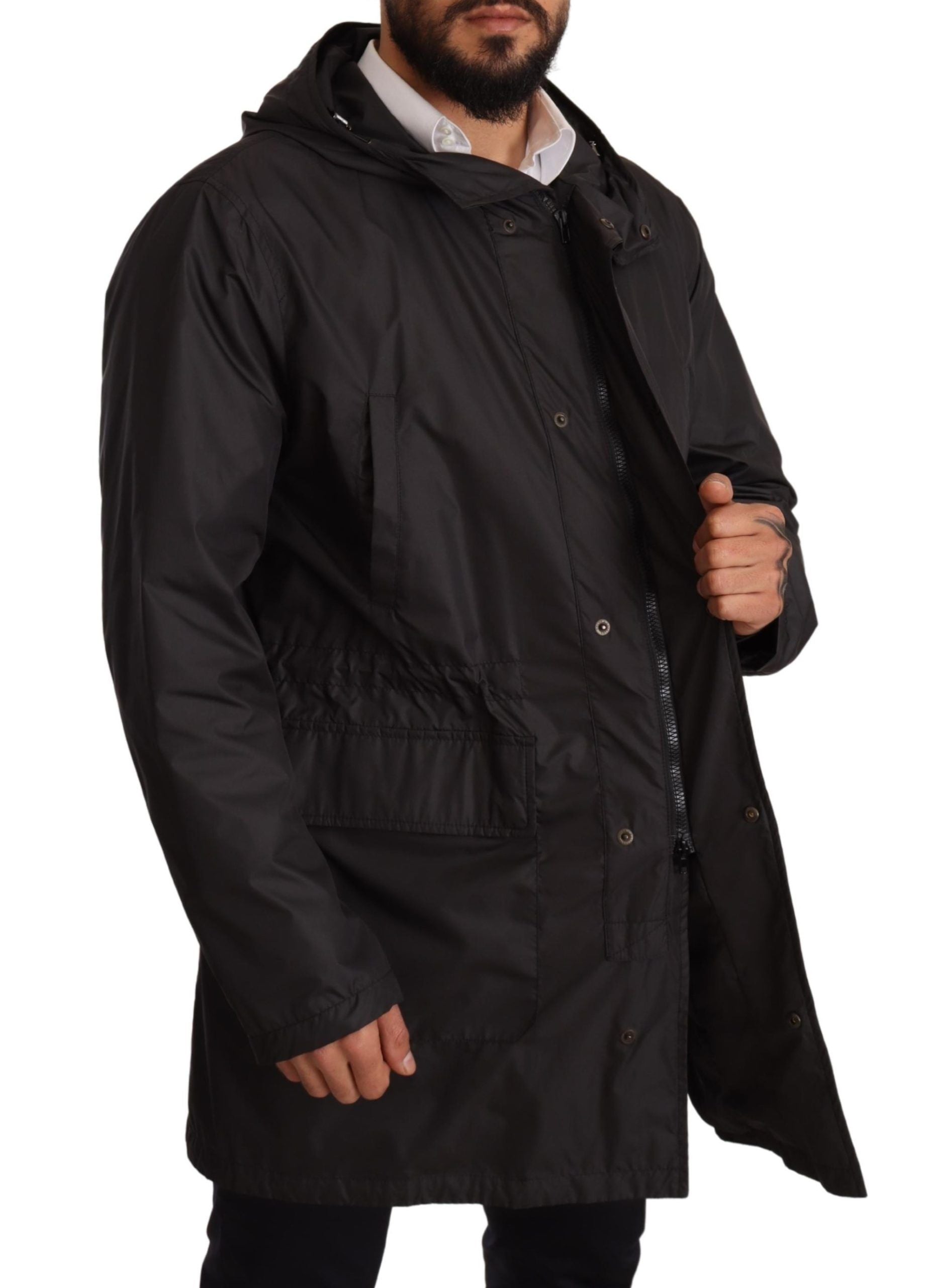 Schwarze Herren-Trenchcoatjacke mit Kapuze