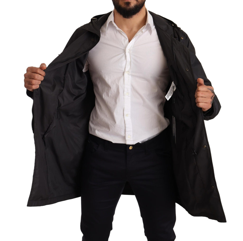 Schwarze Herren-Trenchcoatjacke mit Kapuze