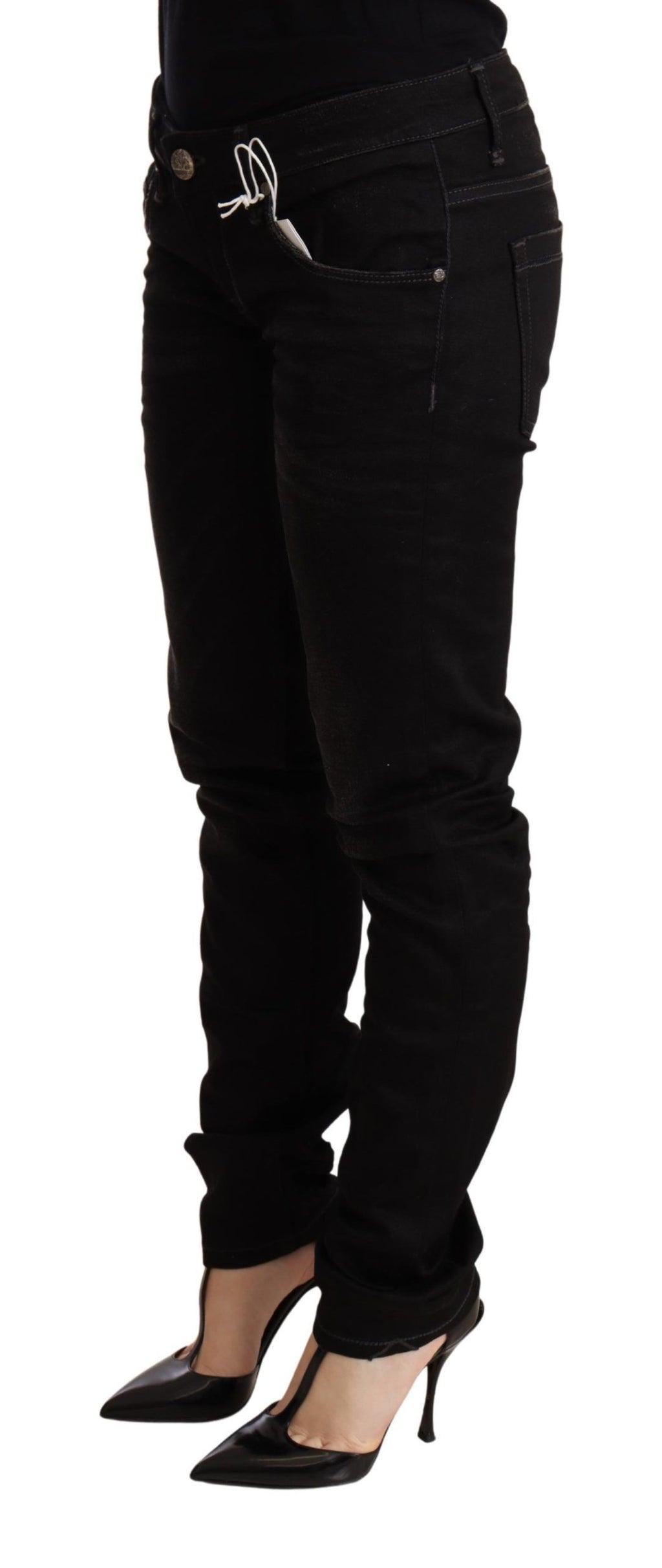 Schwarze Skinny-Jeanshose aus Baumwolle mit niedriger Taille