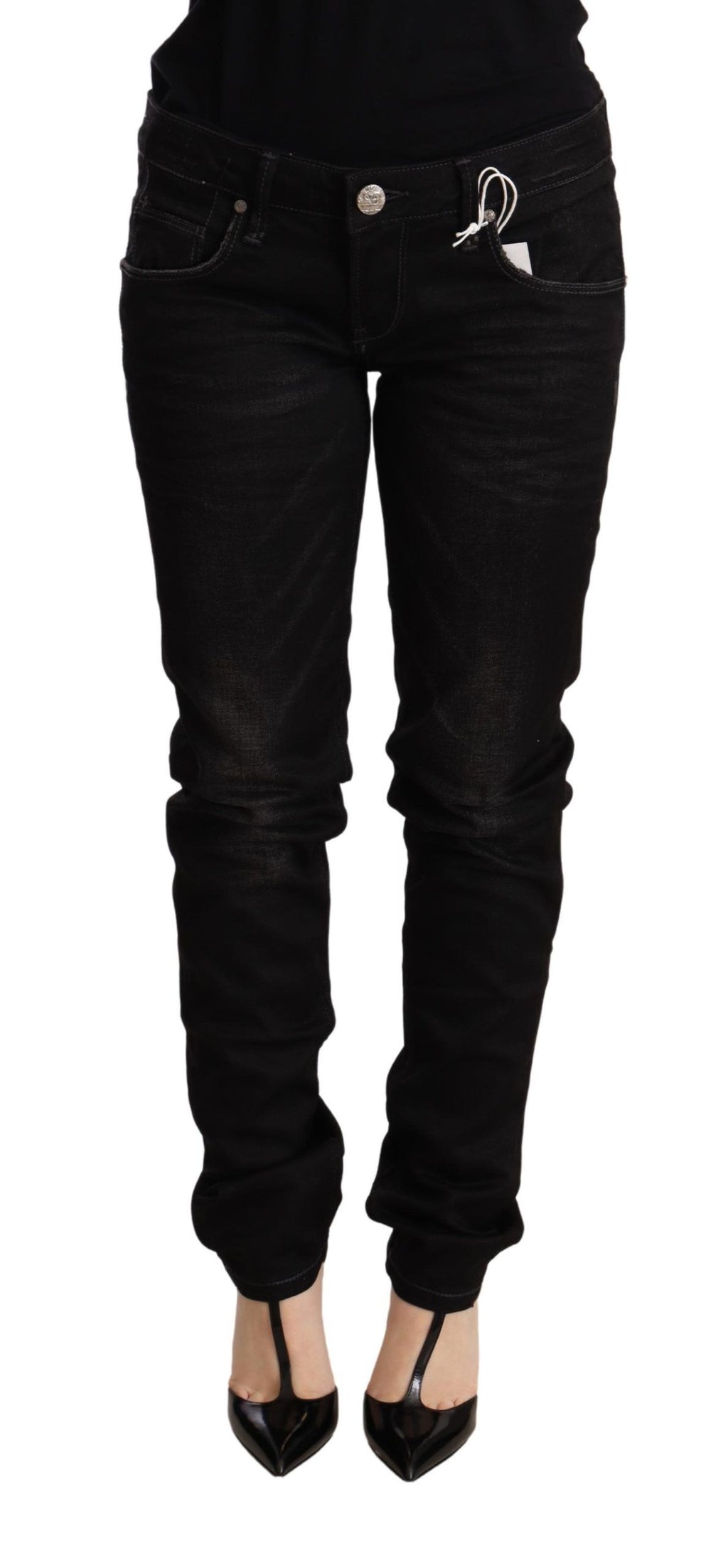 Schwarze Skinny-Jeanshose aus Baumwolle mit niedriger Taille