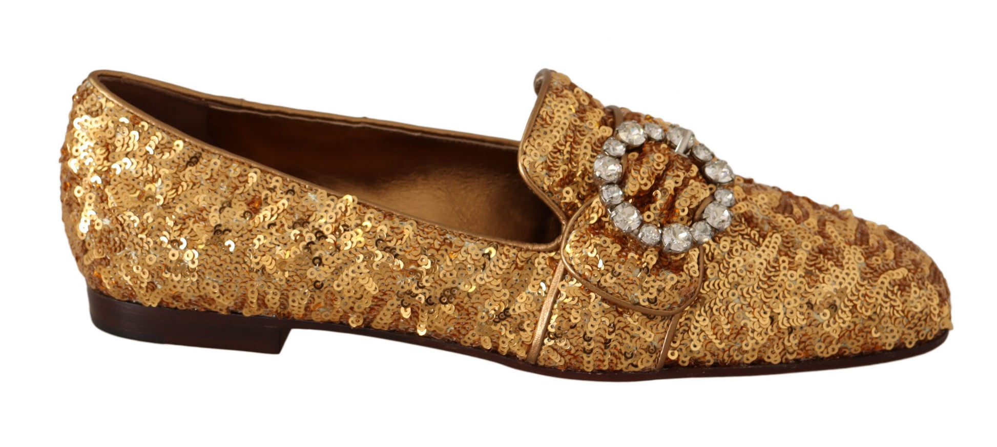Flache Damen-Loafer-Schuhe mit goldenen Pailletten und Kristallen