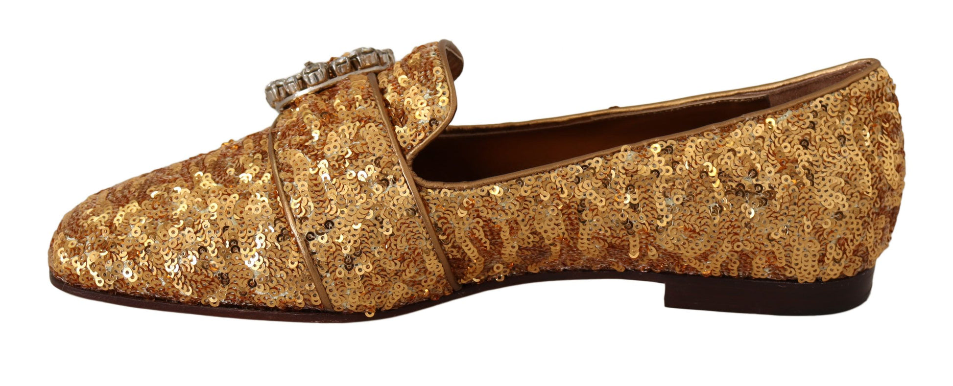 Flache Damen-Loafer-Schuhe mit goldenen Pailletten und Kristallen