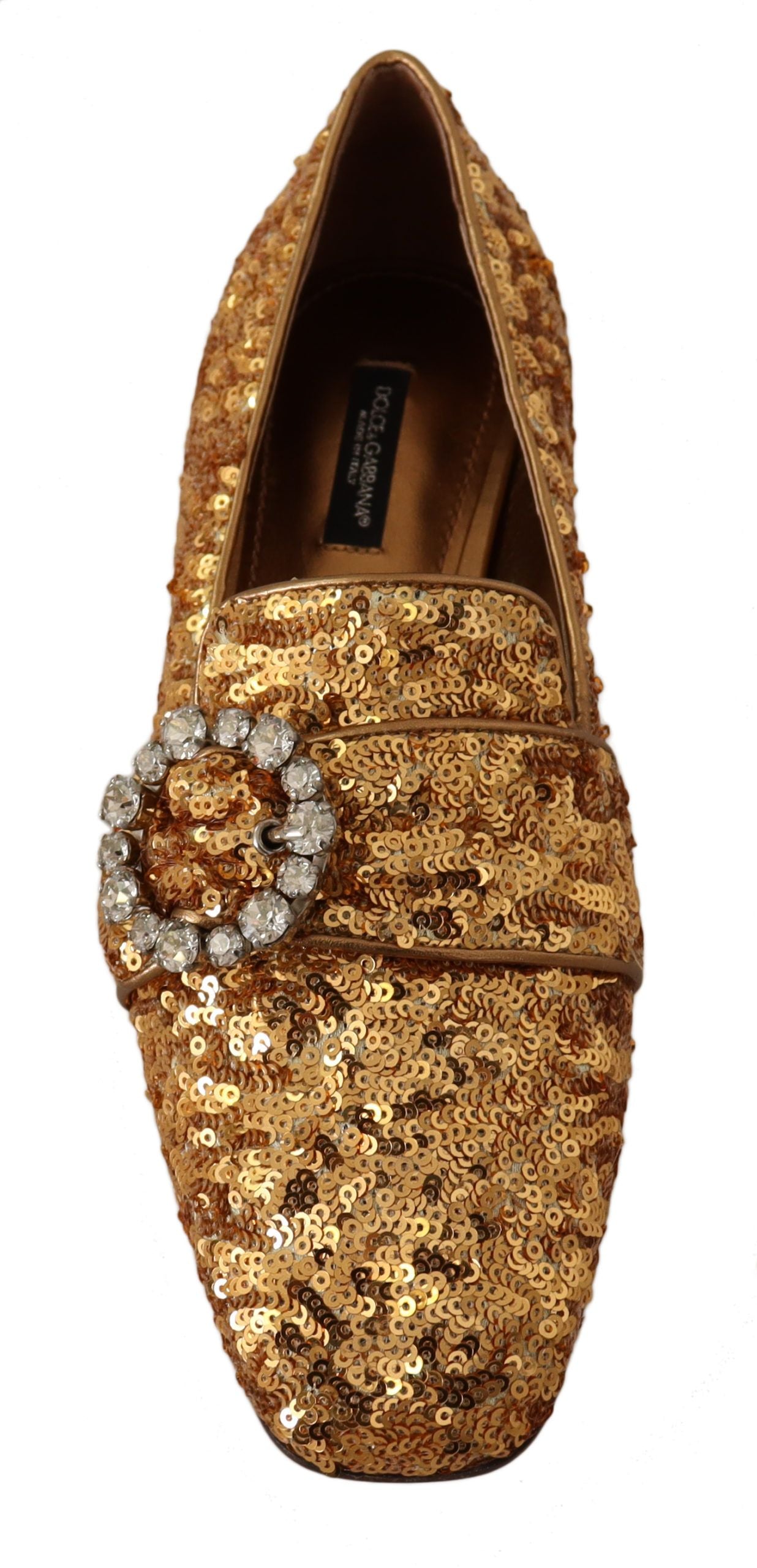 Flache Damen-Loafer-Schuhe mit goldenen Pailletten und Kristallen