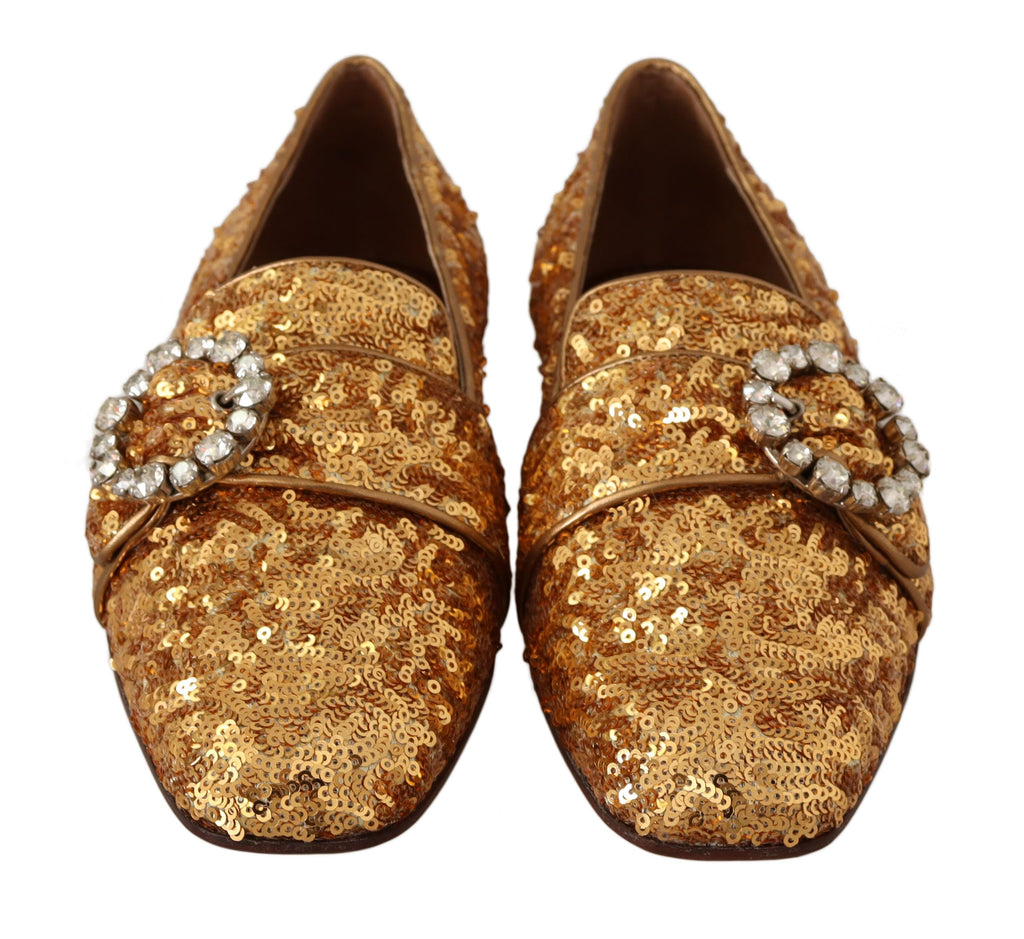 Flache Damen-Loafer-Schuhe mit goldenen Pailletten und Kristallen