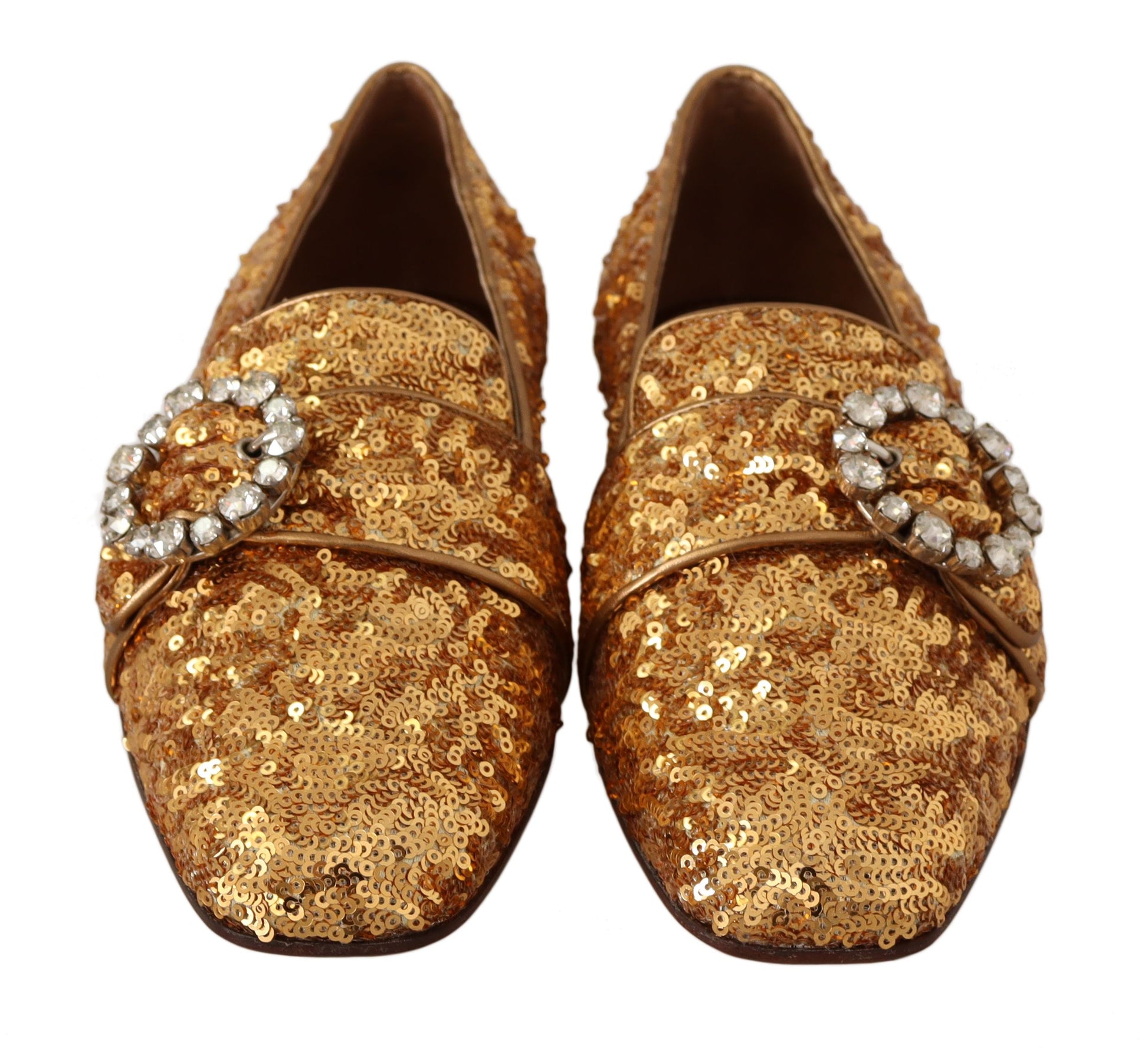 Flache Damen-Loafer-Schuhe mit goldenen Pailletten und Kristallen