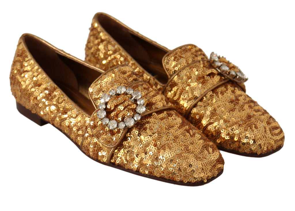 Flache Damen-Loafer-Schuhe mit goldenen Pailletten und Kristallen
