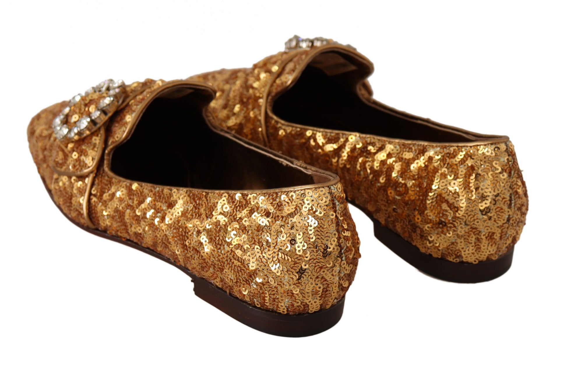 Flache Damen-Loafer-Schuhe mit goldenen Pailletten und Kristallen