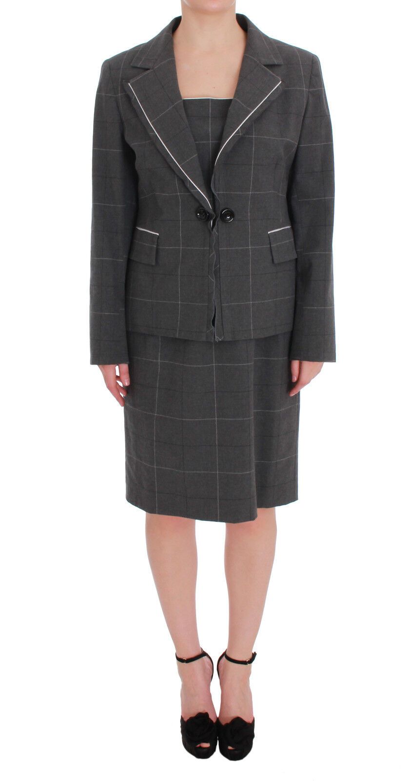 Grau karierter Blazer-Kleideranzug aus Baumwolle