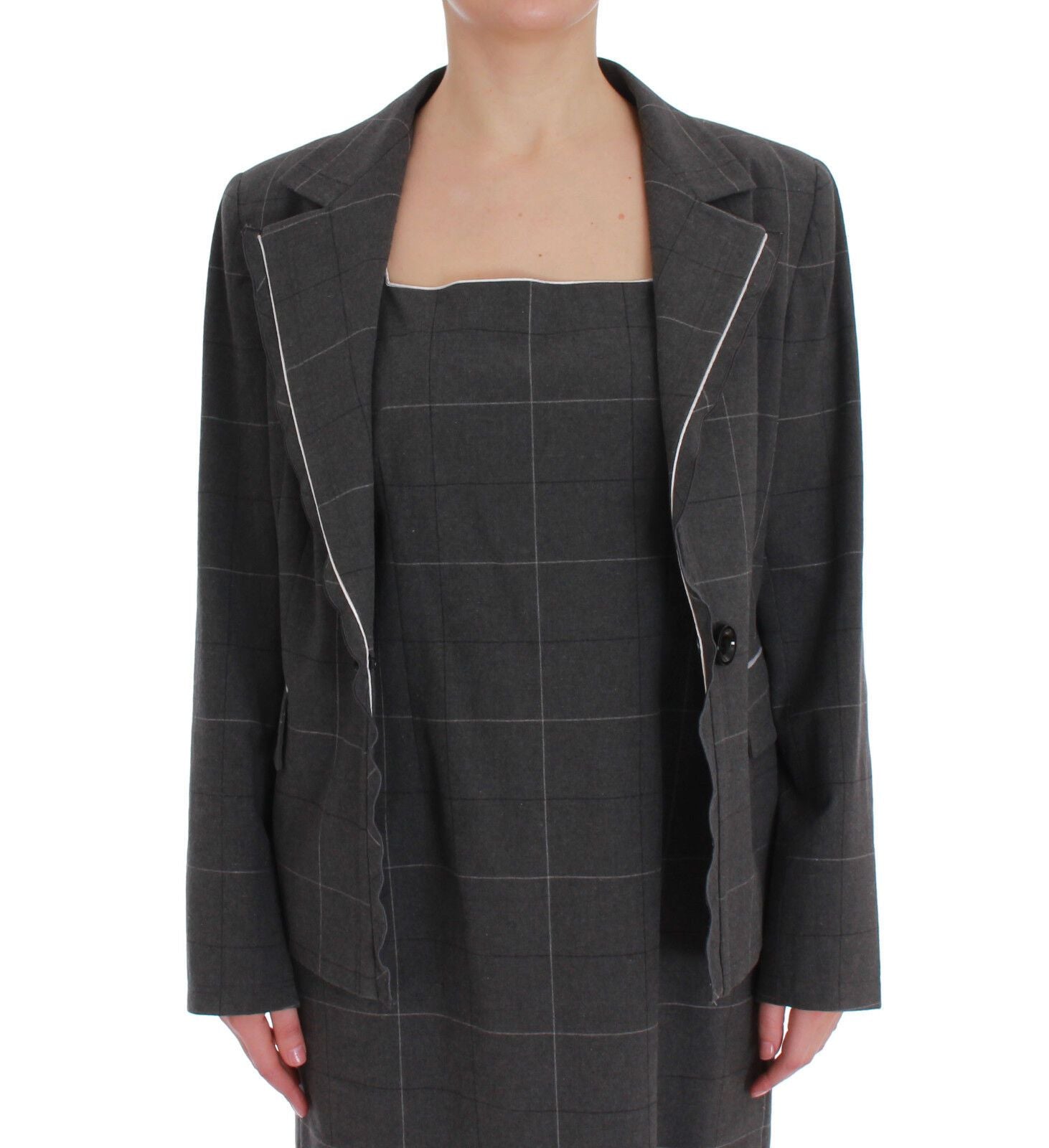 Grau karierter Blazer-Kleideranzug aus Baumwolle