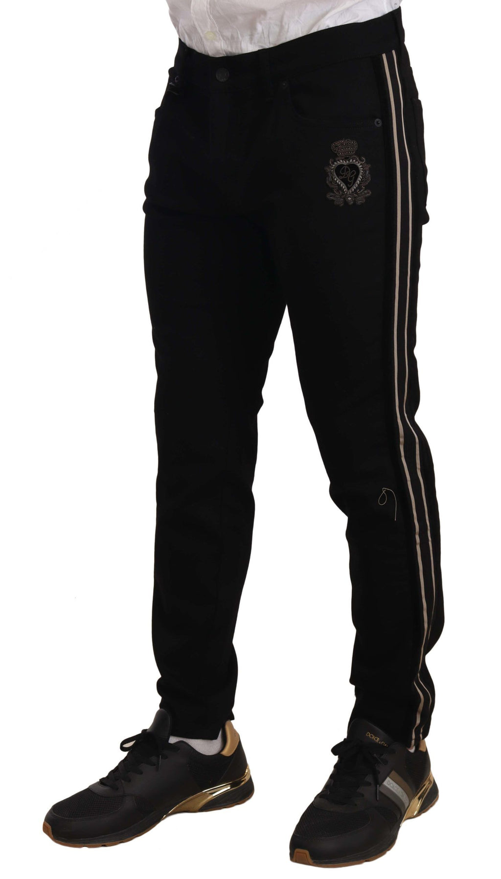Schwarze Skinny-Fit-Jeanshose aus Denim mit seitlichem Band