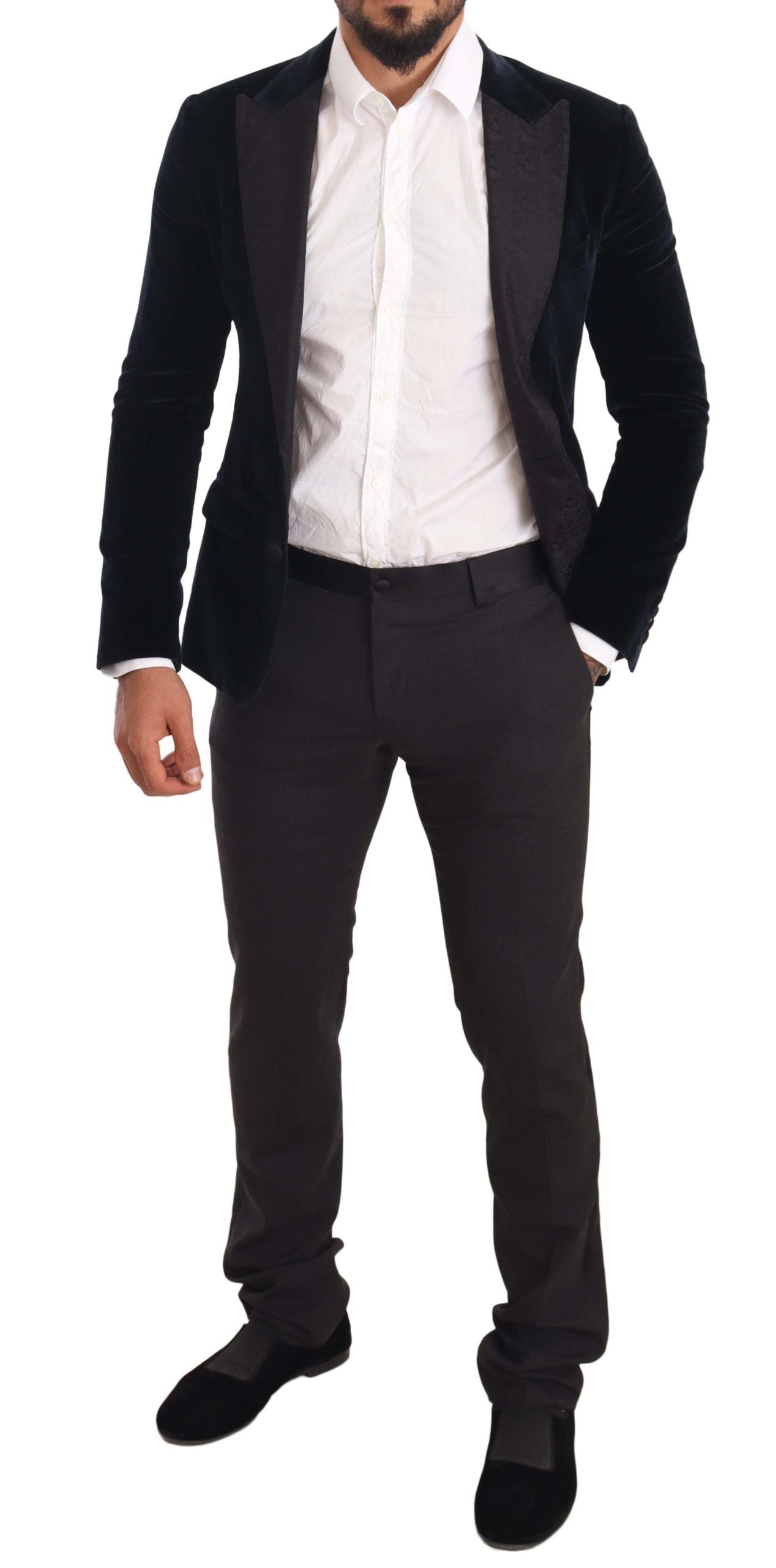 Blauer Smokinganzug aus Samt und Baumwolle im Slim Fit