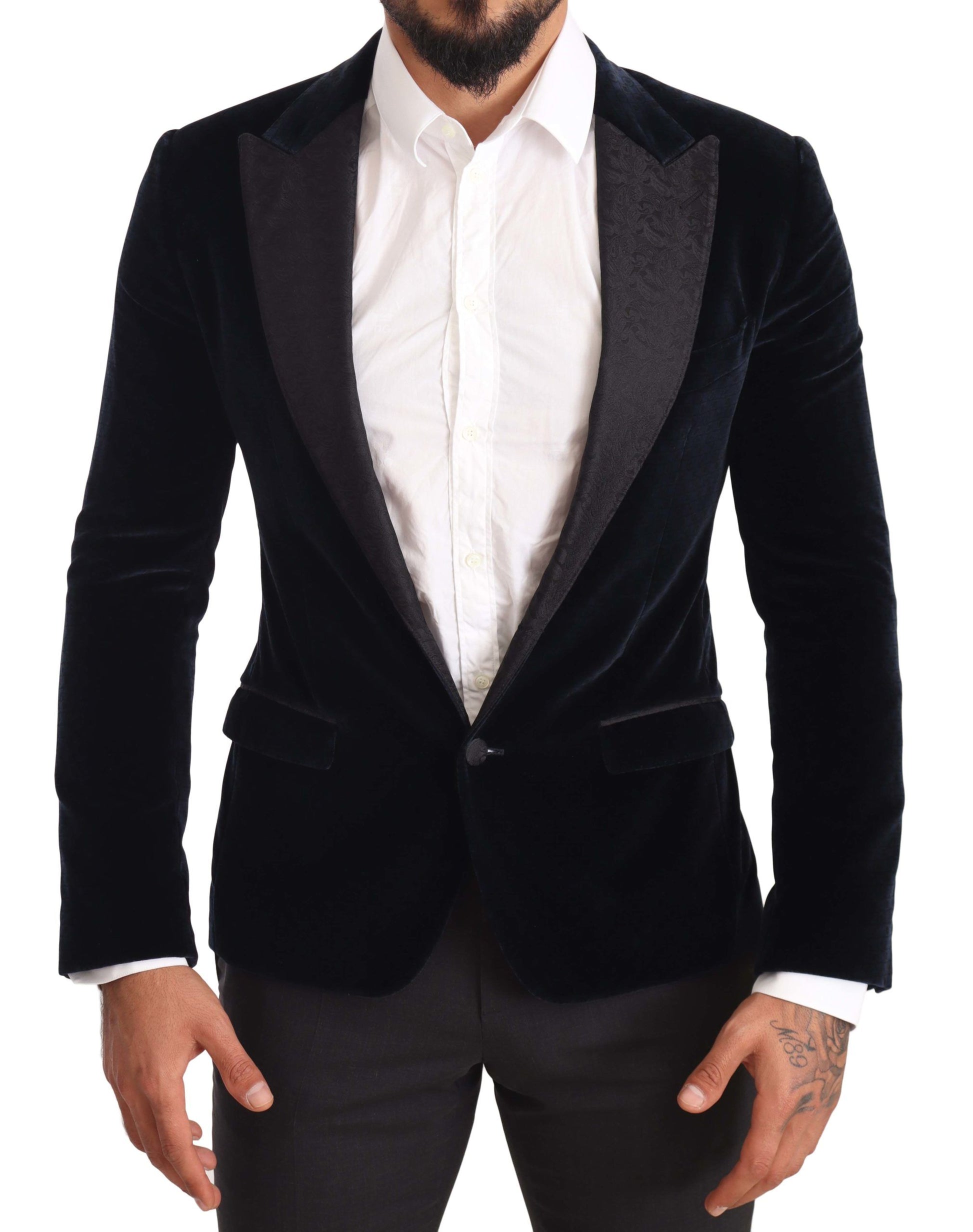 Blauer Smokinganzug aus Samt und Baumwolle im Slim Fit