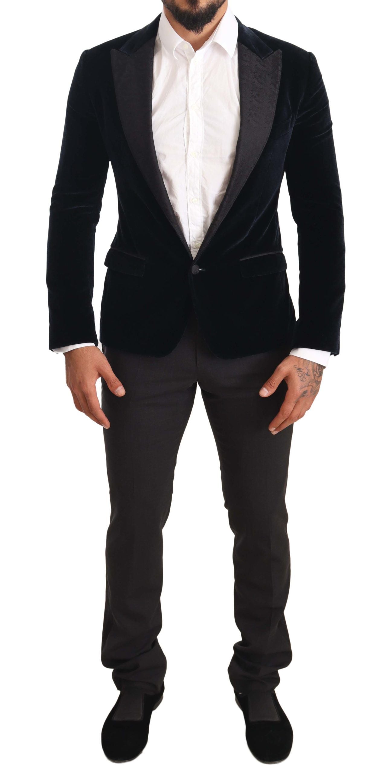 Blauer Smokinganzug aus Samt und Baumwolle im Slim Fit
