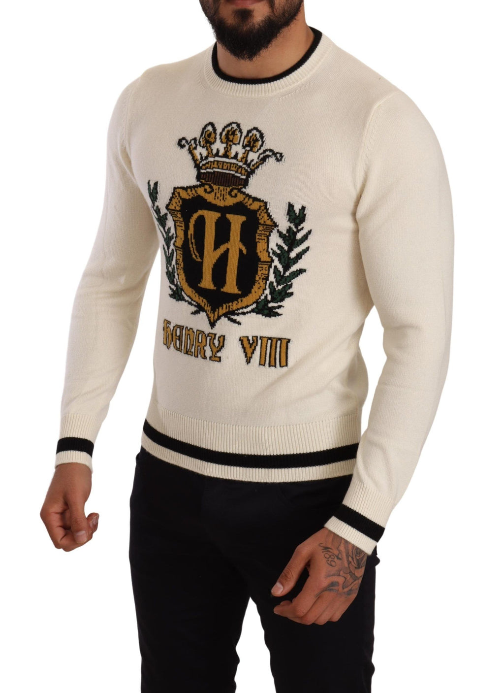 Weißer heraldischer Kaschmirpullover