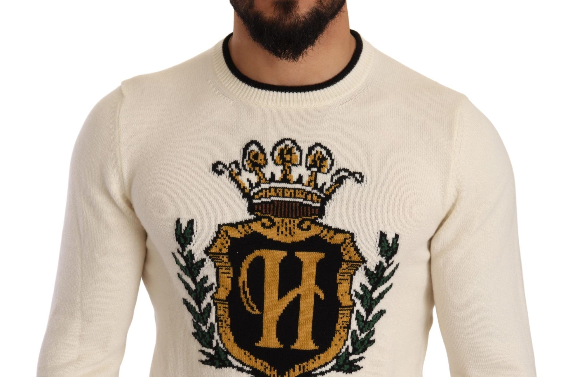Weißer heraldischer Kaschmirpullover