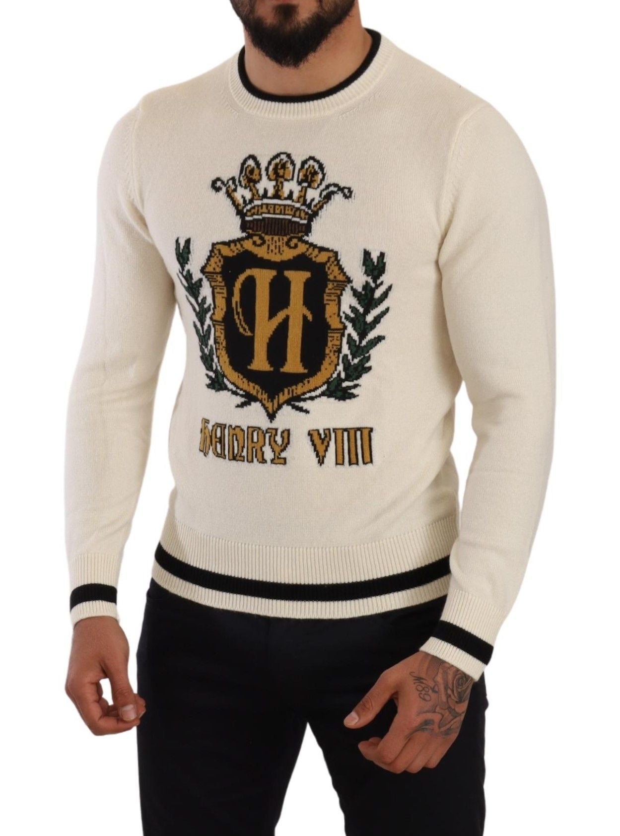 Weißer heraldischer Kaschmirpullover