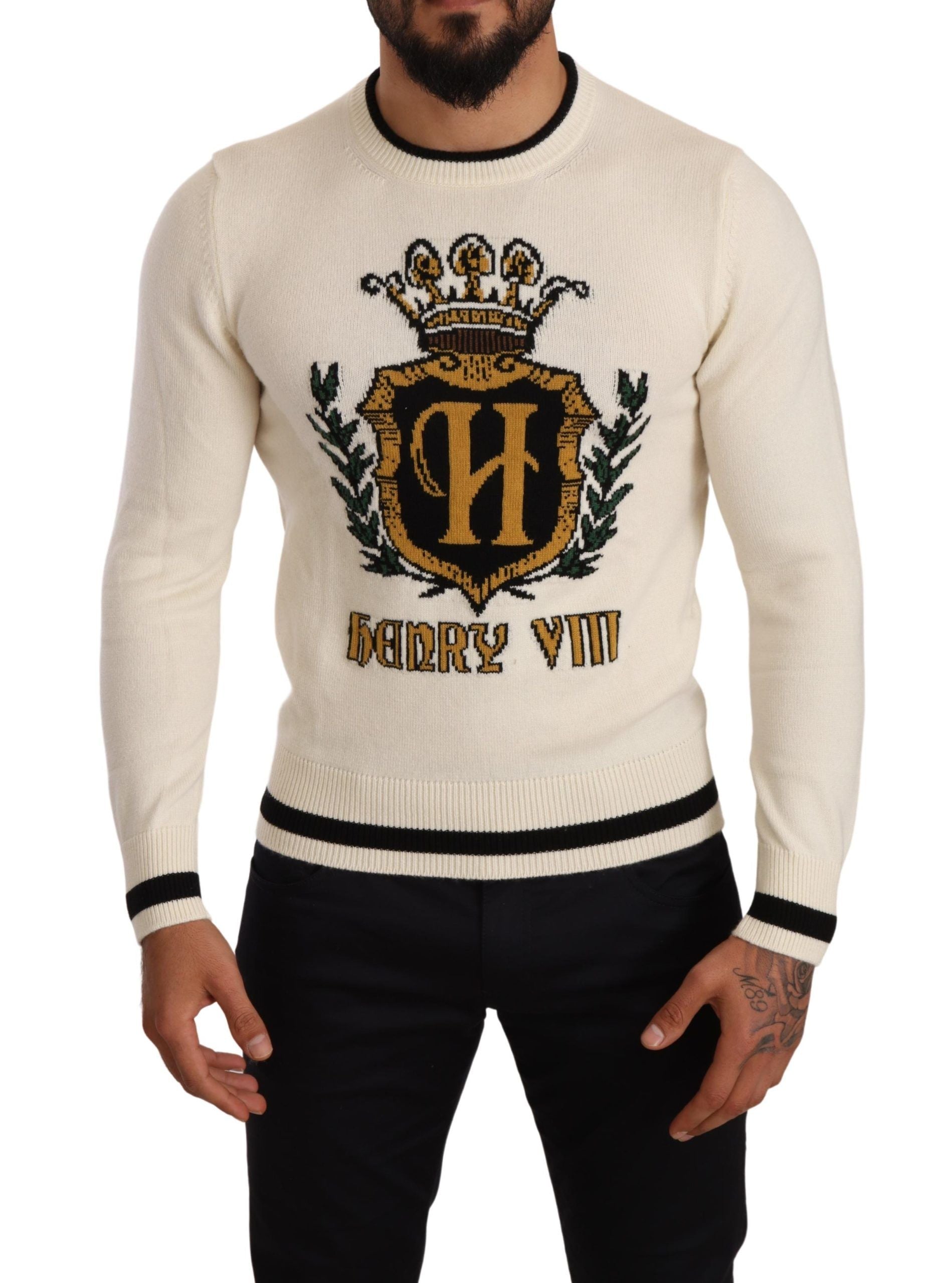 Weißer heraldischer Kaschmirpullover