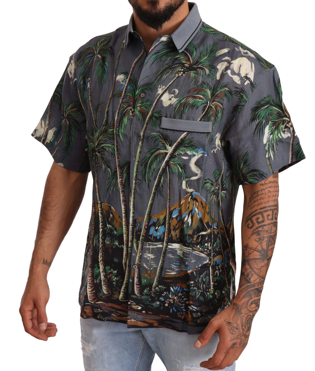 Dolce & Gabbana Gray Linen Tropical Print Collared Shirt