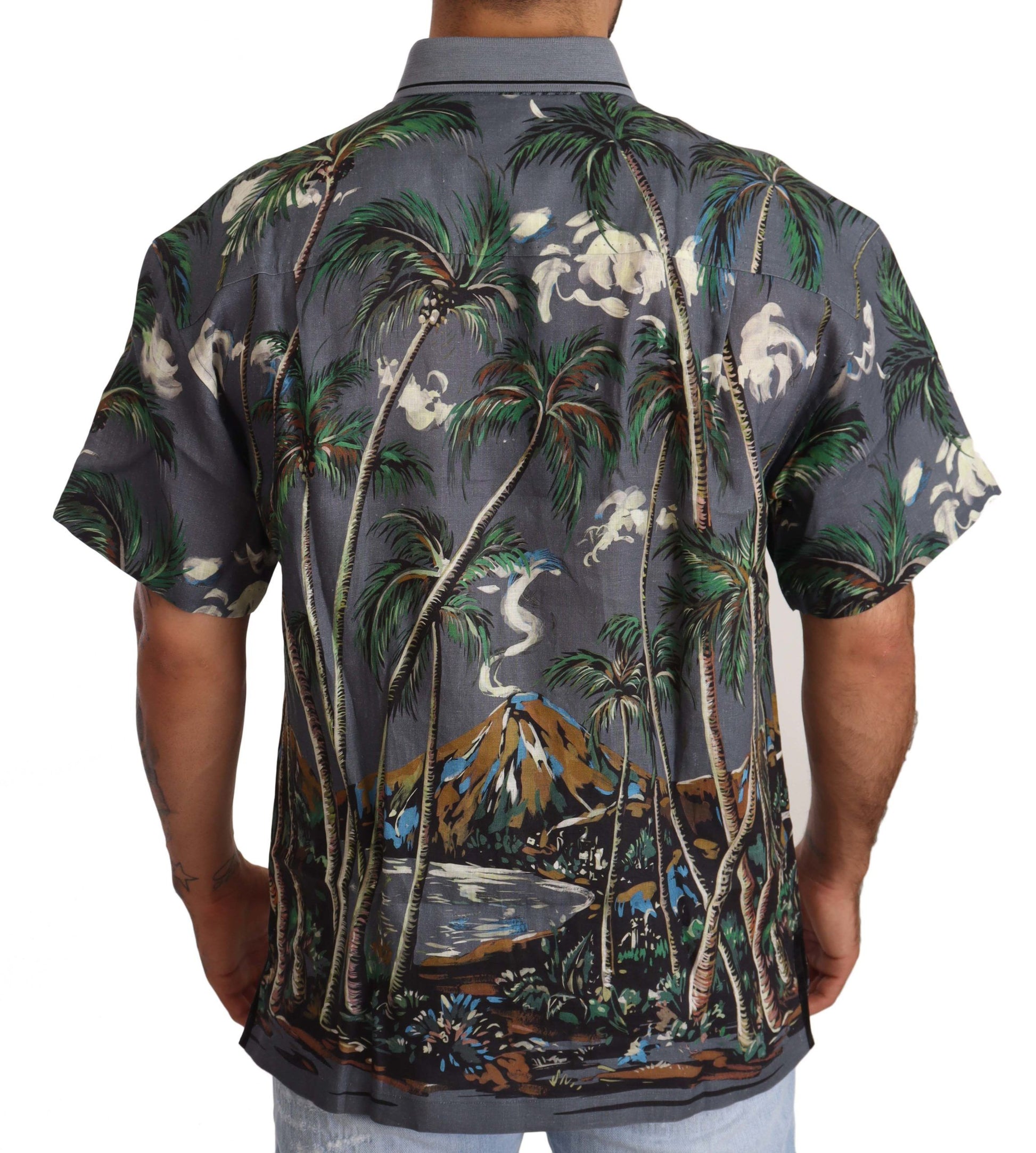 Dolce & Gabbana Gray Linen Tropical Print Collared Shirt
