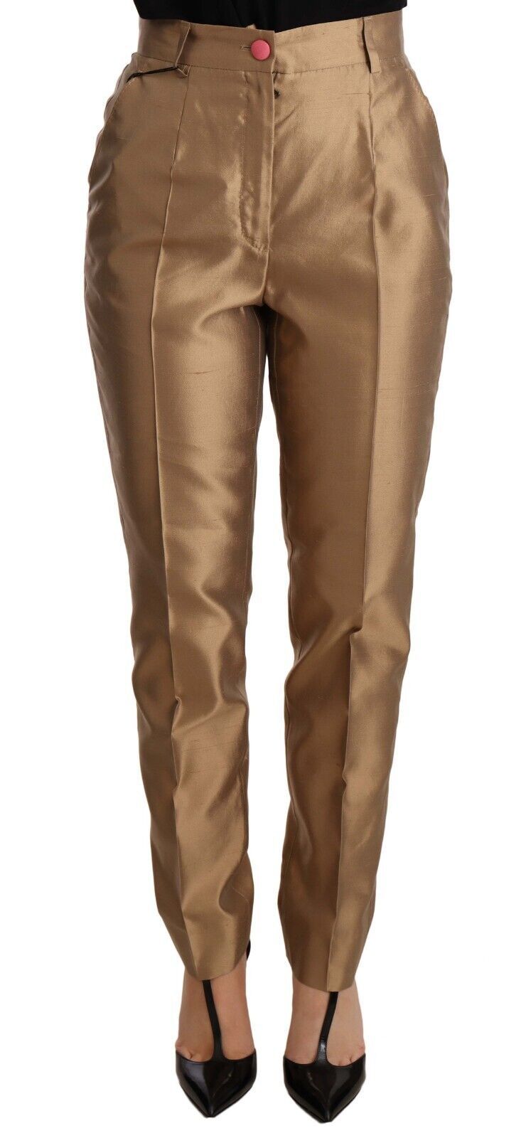 Goldfarbene, konisch zulaufende Seidenhose aus Metallic