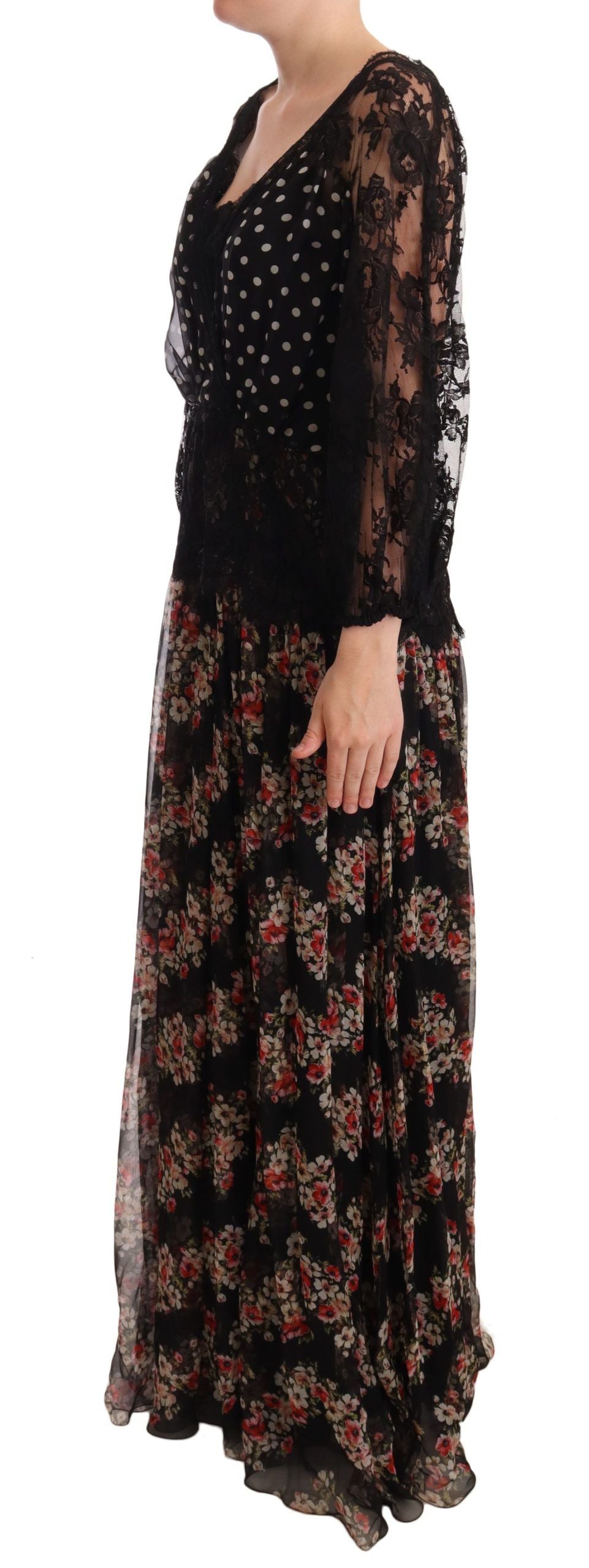 Schwarzes Maxi-Caprikleid mit Spitzenblumenmuster und Polka