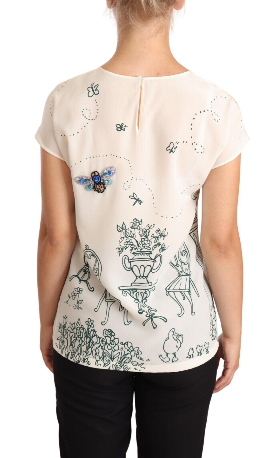 Weiße Seiden-T-Shirt-Bluse „Garden Fountain“