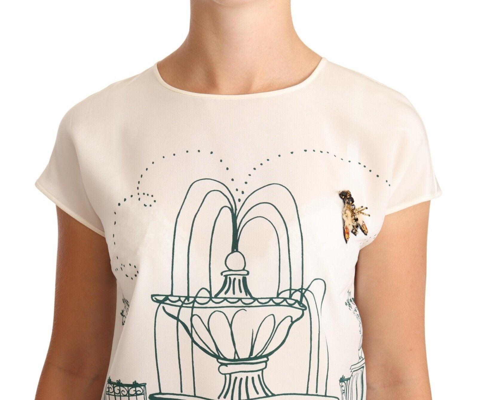 Weiße Seiden-T-Shirt-Bluse „Garden Fountain“