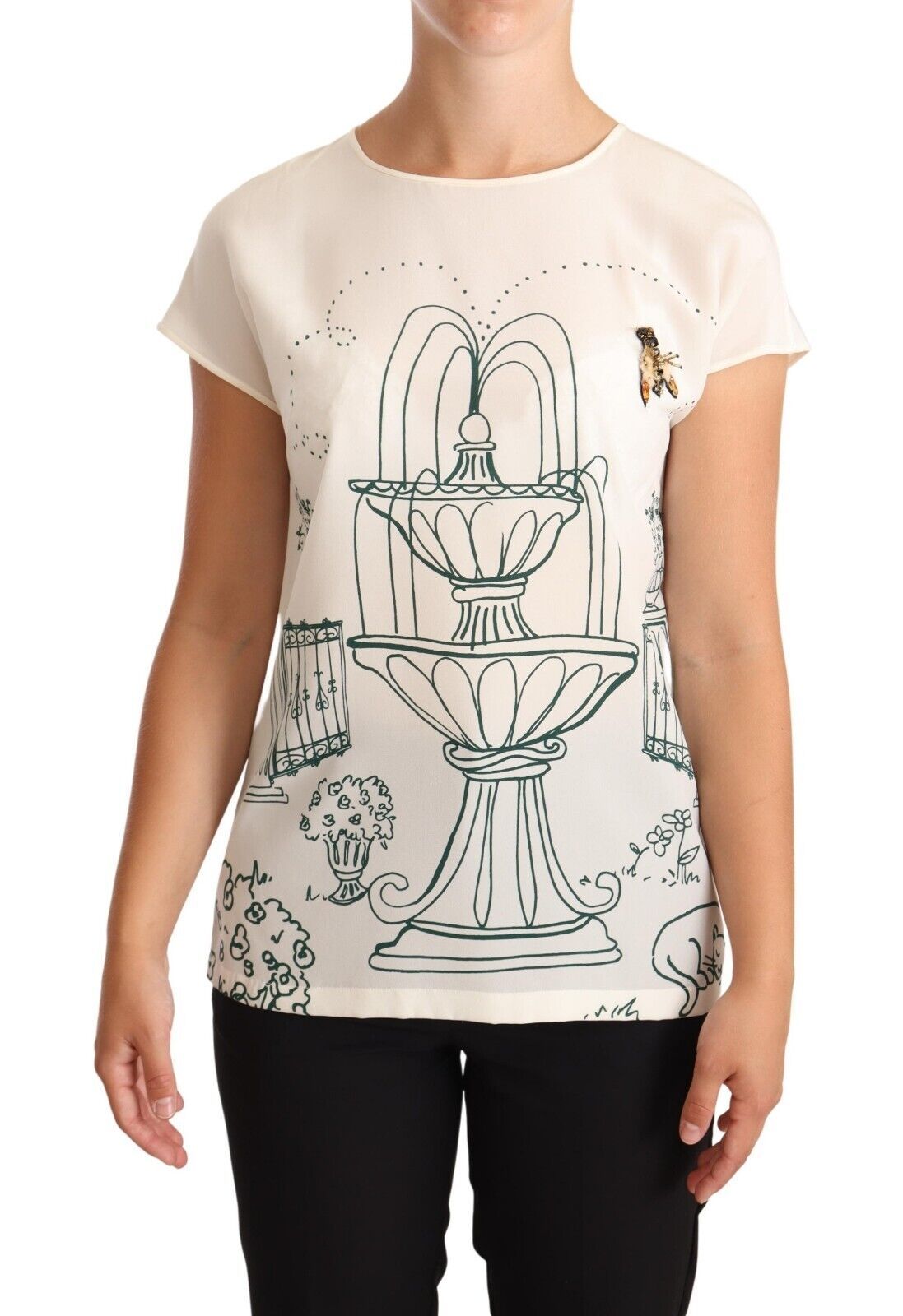 Weiße Seiden-T-Shirt-Bluse „Garden Fountain“